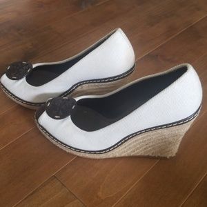 Tory Burch white Canvas Wedges